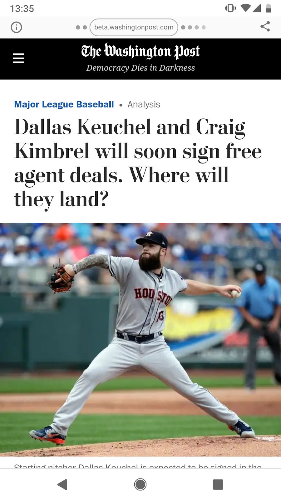 Screenshot of a Washington Post article served via Google AMP, showing the Google AMP navigation bar above the article with The Washington Post logo positioned beneath it